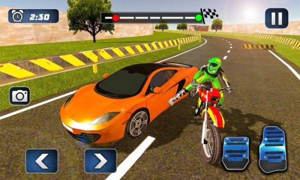 Sports Car vs Moto Bike Riding